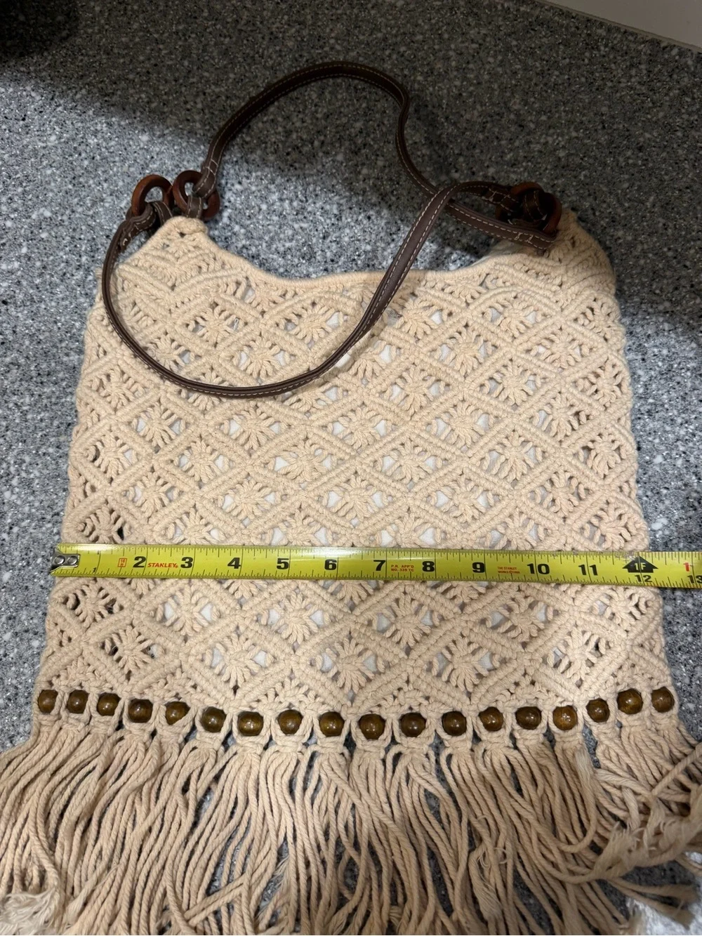 Woven Fringe Shoulder Bag in Cream with Brown Handles